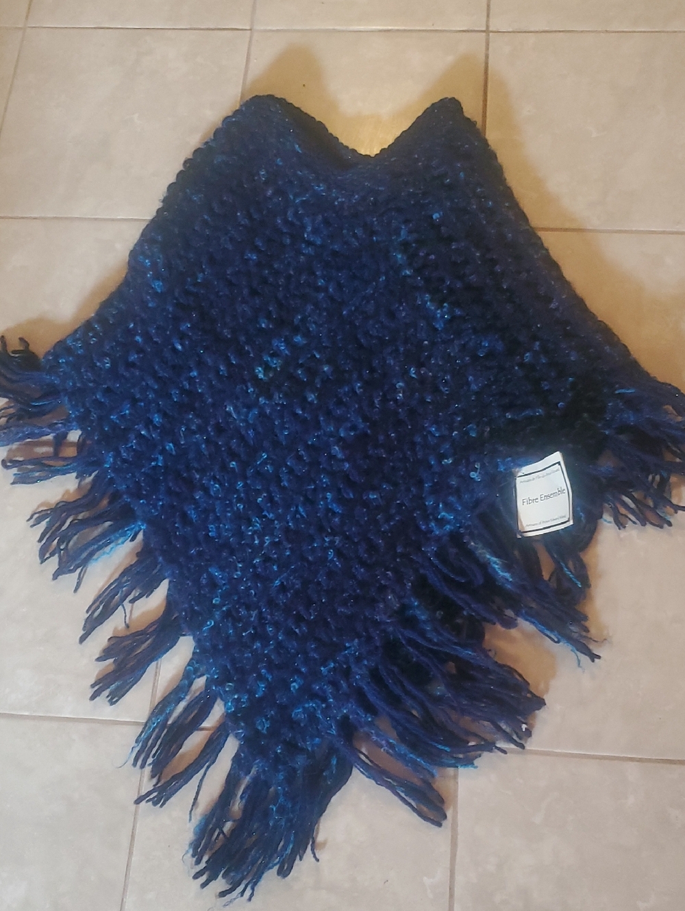 100% Wool  beautiful Artisan Chunky Knit Fringe Cape in Deep Navy Blue